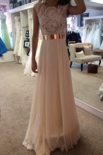  Scoop Champagne Zipper Prom Gown Belt Sleeveless Floor Length