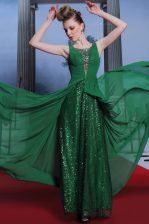  Scoop Sleeveless Floor Length Beading Dark Green Chiffon and Sequined