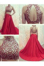  Red Backless High-neck Beading Elastic Woven Satin Sleeveless Court Train