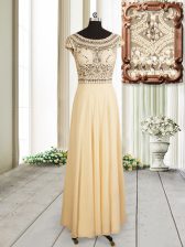  Scoop Champagne Cap Sleeves Beading Floor Length Dress for Prom