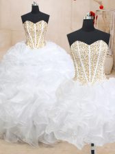 Trendy Three Piece Sleeveless Organza Floor Length Lace Up Ball Gown Prom Dress in White with Beading and Ruffles