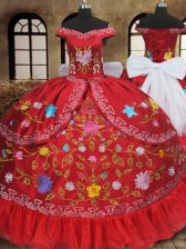 Superior Off the Shoulder Sleeveless Floor Length Embroidery and Bowknot Lace Up Quinceanera Dress with Red