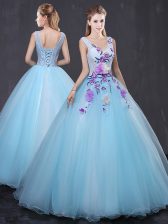  Light Blue Ball Gowns Tulle V-neck Sleeveless Lace and Appliques Floor Length Lace Up Sweet 16 Quinceanera Dress
