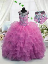 Glorious Fuchsia Lace Up Scoop Beading and Ruffled Layers Little Girls Pageant Dress Organza Sleeveless