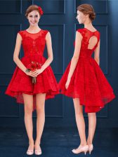 Inexpensive Red Lace Lace Up Scoop Sleeveless High Low Dama Dress Lace
