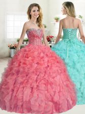 Beauteous Floor Length Watermelon Red Quinceanera Dresses Sweetheart Sleeveless Lace Up