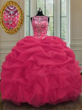  Scoop Coral Red Lace Up Quinceanera Dress Beading and Pick Ups Sleeveless Floor Length