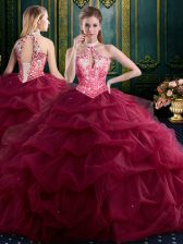 Exceptional Pick Ups Ball Gowns Quince Ball Gowns Wine Red Halter Top Tulle Sleeveless Floor Length Lace Up