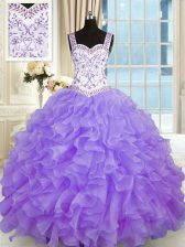 Best Beading and Appliques and Ruffles Quinceanera Gown Lavender Lace Up Sleeveless Floor Length