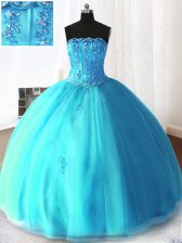 Customized Sleeveless Lace Up Floor Length Beading and Appliques Quinceanera Gown