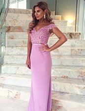 Fantastic Off the Shoulder Mermaid Short Sleeves Lilac Brush Train Zipper