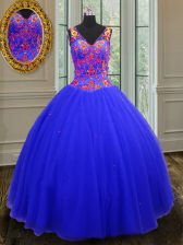 Chic Royal Blue Tulle Zipper V-neck Sleeveless Floor Length Quinceanera Gowns Beading and Sequins