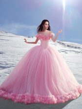 Graceful Off the Shoulder Tulle Cap Sleeves Vestidos de Quinceanera Court Train and Hand Made Flower