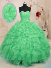  Beading and Ruffles and Hand Made Flower Sweet 16 Quinceanera Dress Green Lace Up Sleeveless Floor Length