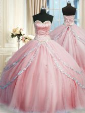 Exquisite Sweetheart Sleeveless Quinceanera Dress With Train Court Train Beading and Appliques Pink Tulle