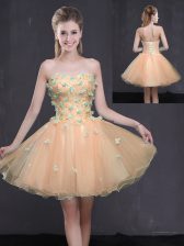  Peach Organza Lace Up Evening Dress Sleeveless Mini Length Appliques
