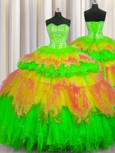 Fashionable Bling-bling Visible Boning Multi-color Tulle Lace Up Sweetheart Sleeveless Floor Length Quinceanera Gown Beading and Ruffles and Ruffled Layers and Sequins