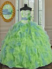  Multi-color Lace Up Sweetheart Beading and Appliques and Ruffles and Sashes ribbons and Hand Made Flower Ball Gown Prom Dress Organza Sleeveless