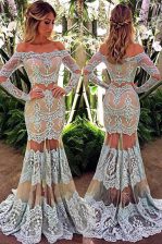  Mermaid Off the Shoulder Long Sleeves Floor Length Lace Zipper Evening Dress with White