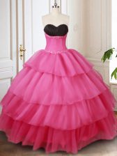 Discount Sleeveless Floor Length Beading and Ruffled Layers Lace Up Sweet 16 Dress with Hot Pink