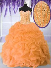  Orange Ball Gowns Beading and Ruffles Vestidos de Quinceanera Lace Up Organza Sleeveless Floor Length