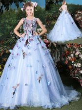 Eye-catching Scoop Sleeveless Brush Train Appliques Lace Up Ball Gown Prom Dress