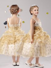 Affordable Straps Pick Ups and Hand Made Flower Flower Girl Dress Gold Zipper Sleeveless Tea Length
