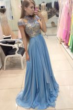 Enchanting Blue Organza Zipper Scoop Cap Sleeves With Train Prom Gown Sweep Train Beading