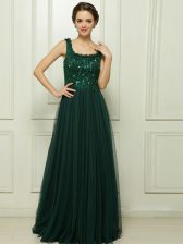 Custom Fit Dark Green Prom and Party with Beading Square Sleeveless Sweep Train Zipper