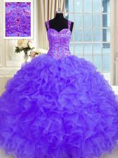 Custom Made Straps Long Sleeves Sweet 16 Quinceanera Dress Floor Length Beading and Embroidery and Ruffles Purple Organza
