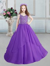  Eggplant Purple Straps Lace Up Beading Girls Pageant Dresses Sleeveless