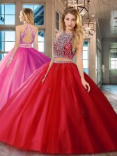  Scoop Beading Sweet 16 Dresses Red Backless Sleeveless Floor Length