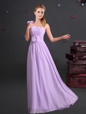 Gorgeous One Shoulder Lavender Chiffon Zipper Quinceanera Dama Dress Sleeveless Floor Length Ruching and Hand Made Flower