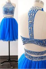 Decent High-neck Sleeveless Zipper Prom Gown Royal Blue Tulle