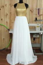 Nice Scoop Sleeveless Sequins Backless Dress for Prom with White Sweep Train