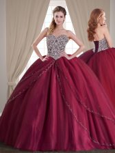  Brush Train Ball Gowns Sweet 16 Dress Burgundy Sweetheart Tulle Sleeveless With Train Lace Up