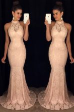 Fine Mermaid Baby Pink Halter Top Neckline Lace Homecoming Dress Sleeveless Backless