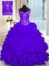 Purple Sweet 16 Dresses Organza Brush Train Sleeveless Beading and Embroidery and Ruffles and Pick Ups