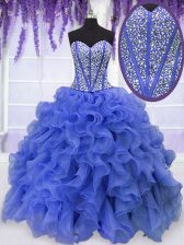  Sweetheart Sleeveless 15th Birthday Dress Floor Length Beading and Ruffles Royal Blue Organza