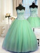 On Sale Three Piece Ball Gowns Beading Quinceanera Dress Lace Up Tulle Sleeveless Floor Length