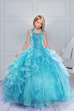 New Arrival Halter Top Aqua Blue Sleeveless Organza Lace Up Girls Pageant Dresses for Military Ball and Sweet 16 and Quinceanera
