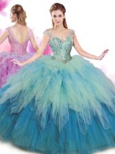  V-neck Cap Sleeves Vestidos de Quinceanera Floor Length Beading and Ruffles Multi-color Tulle