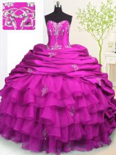 Most Popular Fuchsia Organza and Taffeta Lace Up Strapless Sleeveless With Train Sweet 16 Quinceanera Dress Brush Train Beading and Appliques and Ruffled Layers and Pick Ups