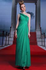  Turquoise Side Zipper One Shoulder Beading and Ruching Prom Gown Chiffon Sleeveless