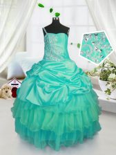  Strapless Sleeveless Girls Pageant Dresses Floor Length Beading and Ruffled Layers and Pick Ups Turquoise Organza