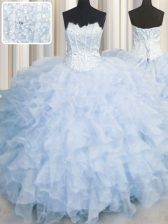 Low Price Scalloped Light Blue Sleeveless Floor Length Ruffles Lace Up Quinceanera Dress
