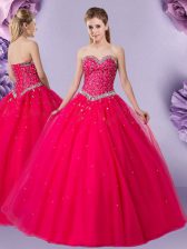 Affordable Coral Red Sleeveless Floor Length Beading Lace Up Vestidos de Quinceanera