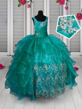  Ruffled Turquoise Sleeveless Organza Lace Up Kids Pageant Dress for Party and Wedding Party