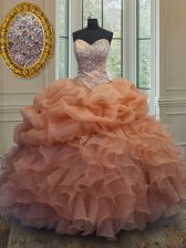 Pretty Orange Lace Up Sweetheart Beading and Ruffles and Pick Ups Quinceanera Dresses Organza Sleeveless