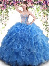  Aqua Blue Mermaid Beading and Ruffles Quince Ball Gowns Lace Up Organza Sleeveless Floor Length